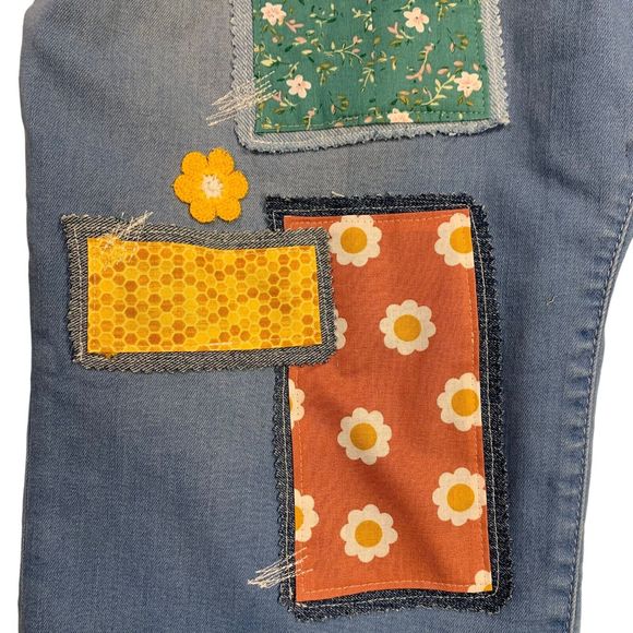 Slink Patched Boho Cropped Jeans Flower Pink Yellow Green Bee Charm Waist 56 - Picture 7 of 13